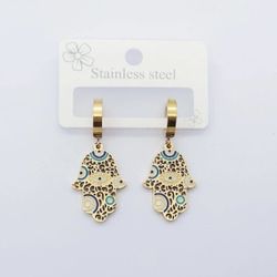18k Gold Plated Titanium Steel Eye & Hand Shaped & Multi-Color Gemstone Detail Exquisite Earrings
