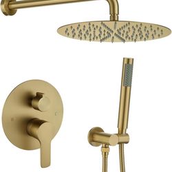 Iriber Brushed Gold Shower System Wall Mounted Shower Faucet Mixer Set with 10 Inches Rain Shower head and Handheld, Bathroom Shower Trim Kit Contain 