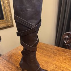 Manolo Blahnik Brown Leather Knee High Boots