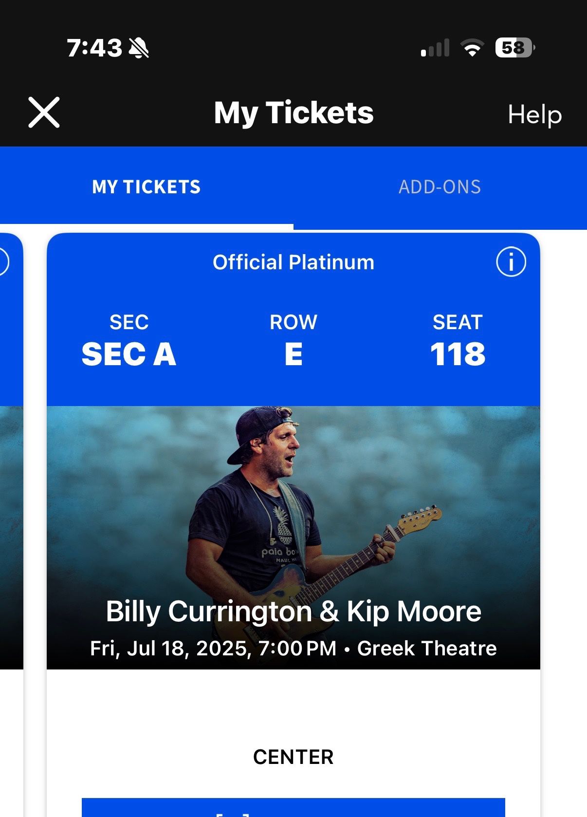 5th Row - Four Tickets - Dead Center - Billy Currington / Kip MooreTickets At The Greek