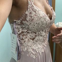 Pink Long V-Neck Prom Dress
