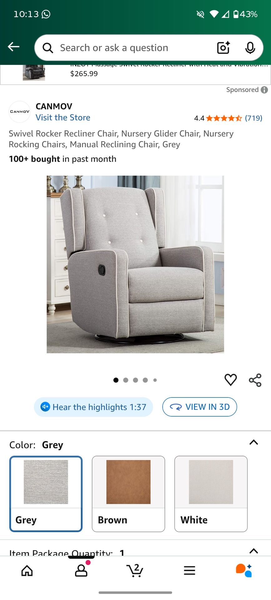 Gray Swivel Rocking Chair Recliner 