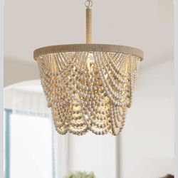 Boho Wood Beaded Chandelier 5 Lights W19.9”