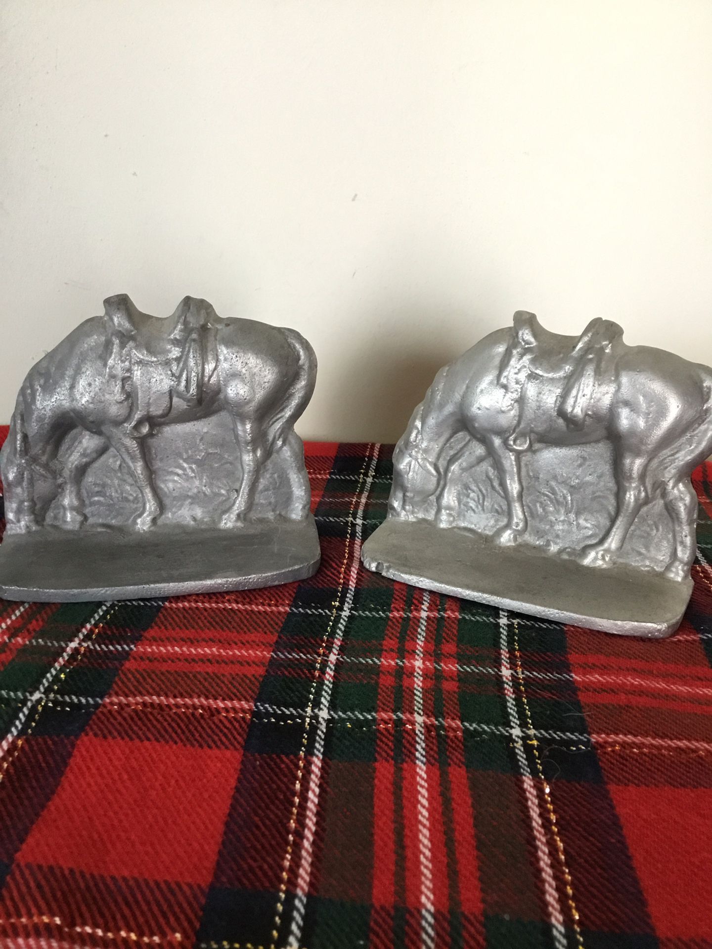 Vintage Molded Cast Iron Silver Tone Grazing Saddled Horse Bookends