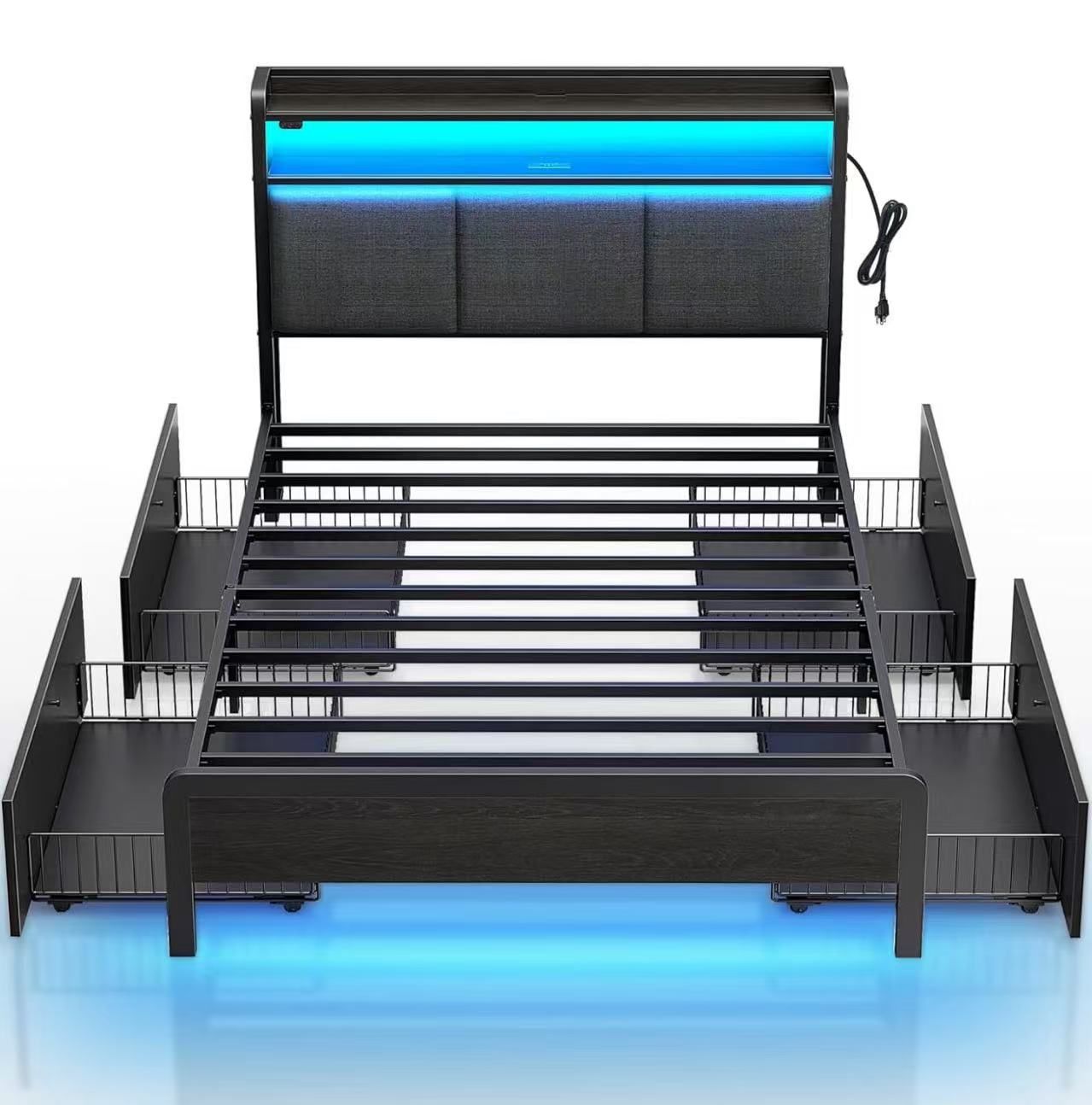 Rolanstar Bed Frame Twin Size with Charging Station and LED Lights, Upholstered Storage Headboard with Drawers, Heavy Duty Metal Slats, No Box Spring