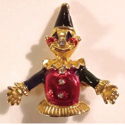 Beautiful Vintage Rhinestone Enamel  Clown Figural Pin Brooch Red & Gold  Tone