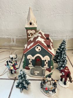 Mervyns Village Square Church Christmas Village Set with Figurines