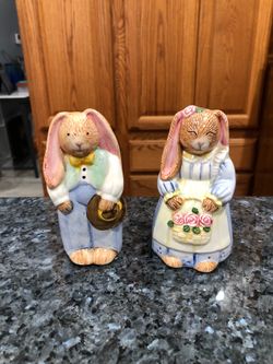 Vintage Boy and Girl bunny pair of salt and pepper shakers.  Size approximately 4 1/2 inches tall.  Brand new never used.  Has been on display in a ca