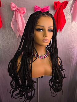 Braided Wig Veralux  Fiber Full Lace 24 Inch Braided Wigs With Curly Ends For Black Women Synthetic Full Lace French Knotless Curl Natural Black Box B