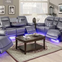 Power Electric Gray Leather Fully Reclining Three Piece Couch Set 