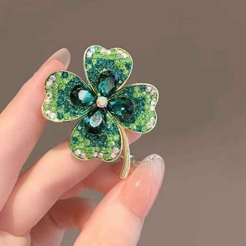 Green Four Leaf Clover Brooch Pin Plated Crystal