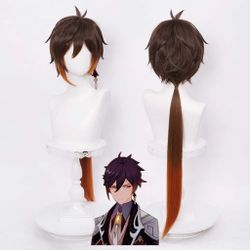 New SL Brown Wig for Zhongli Cosplay Costume Anime Spiky Fluffy Cosplay Hair Wigs with Ponytails + Cap Long
