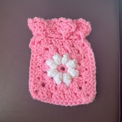 Pink Crochet Drawstring Pouch 