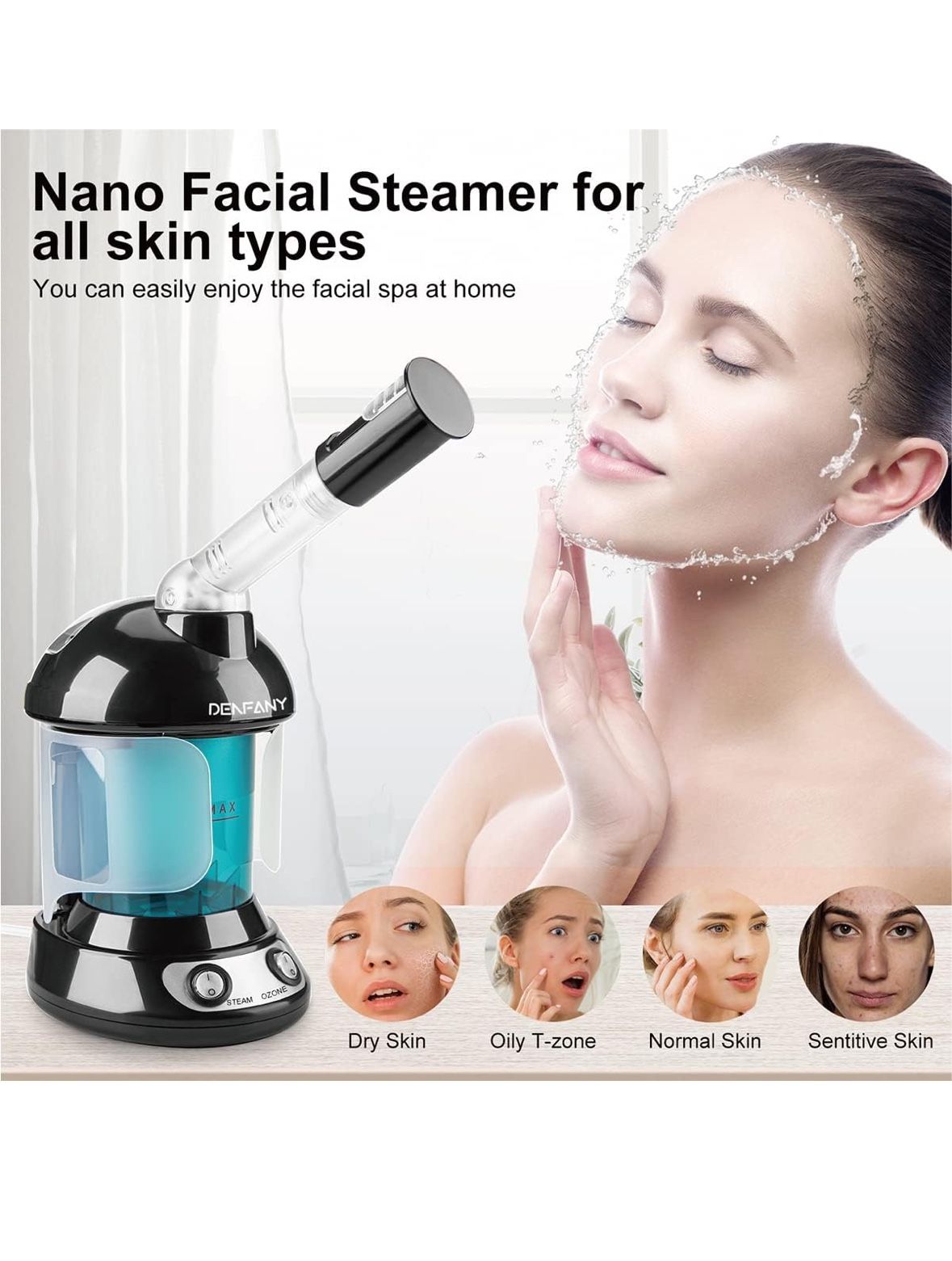 Facial Steamer - DENFANY Nano Ionic Face Steamer with Extendable 360° Rotating Arm - Portable Facial Steamer for Personal Care at Home or Salo (Black