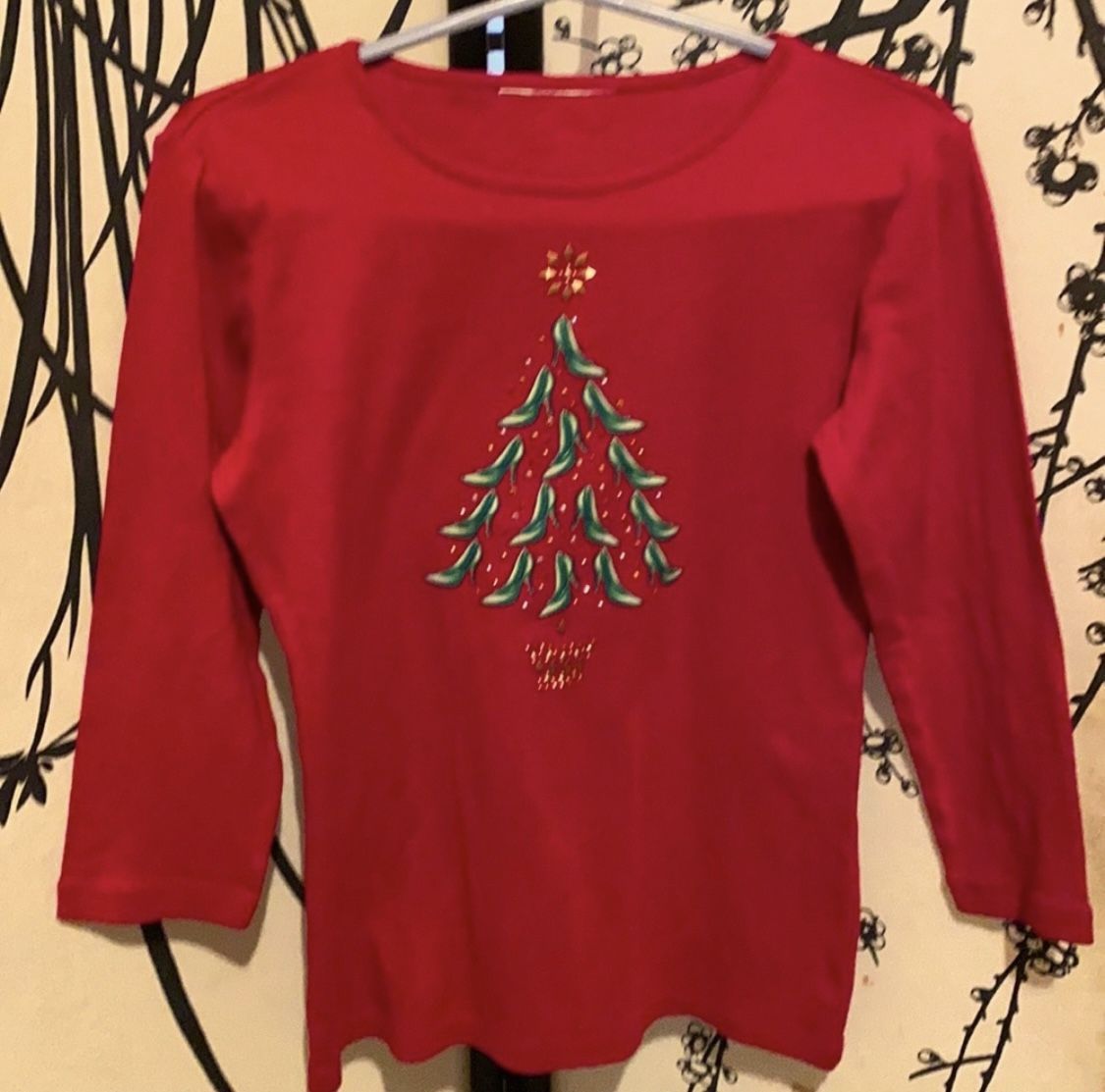 Karen Scott Women’s Red Christmas Tree Holiday Stilettos Top W/Metallic Details