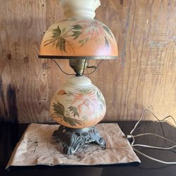 Vintage Hand Painted Milk Glass Floral Hurricane Lamp, Vintage Lamp