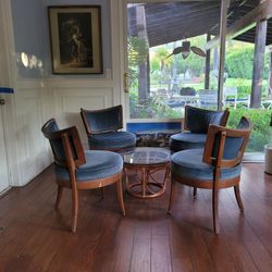 Set of 4 Vintage Blue Velvet Barrel Chairs