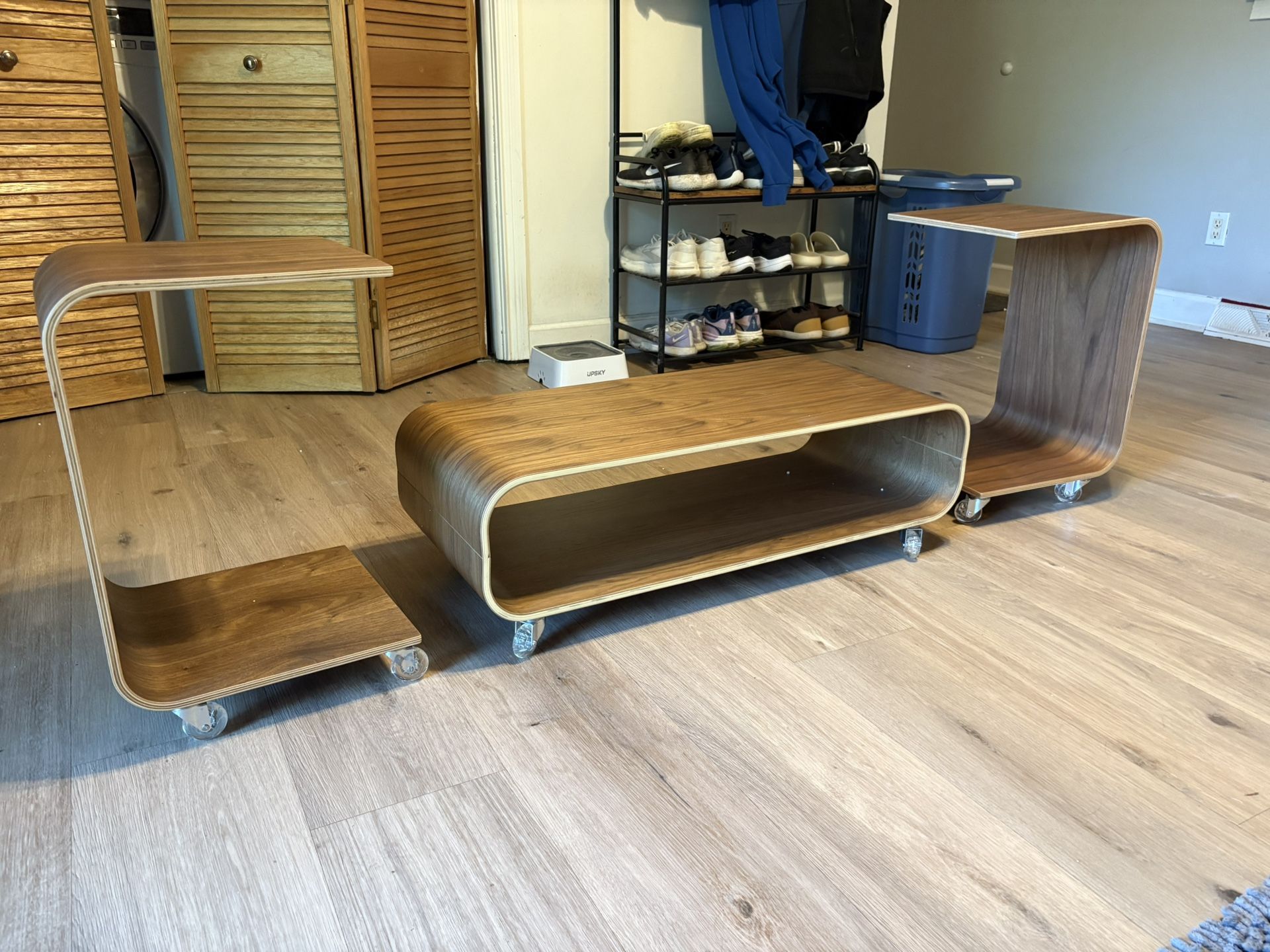 Console / coffee table & 2 c- shaped end tables (on wheels)