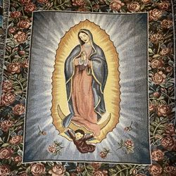 Virgin Mary Afghan Tapestry Blanket Woven 48 X 56 Rare