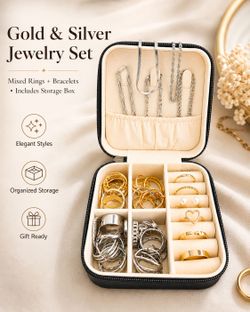 Gold & Silver Tone Jewelry Set – 44 Rings + 5 Silver Tone Bracelets + Travel Jewelry Box