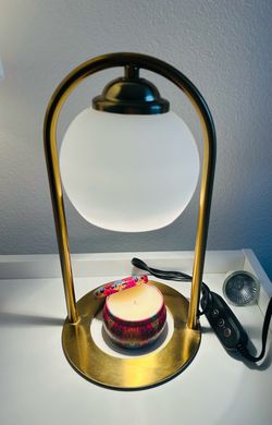 Candle warmer lamp with a brushed gold metal frame and a white frosted glass shade + free candle