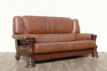 Vintage Sculptural Solid Wood & Textured Brown Leather Sofa