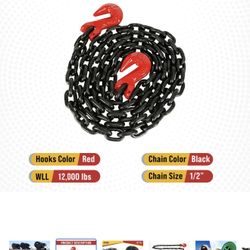 1/2 Inch x 16 FT G80 Black Transport Binder Chain with Clevis Grab Hooks - 12,000 lbs Working Load Limit - Heavy Duty Grade 80 Safety Trailer Logging 