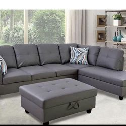 Gray Leather Sectional Couch And Ottoman 