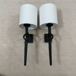 Pottery Barn Pair of Black Iron Wall Sconces with White Shades