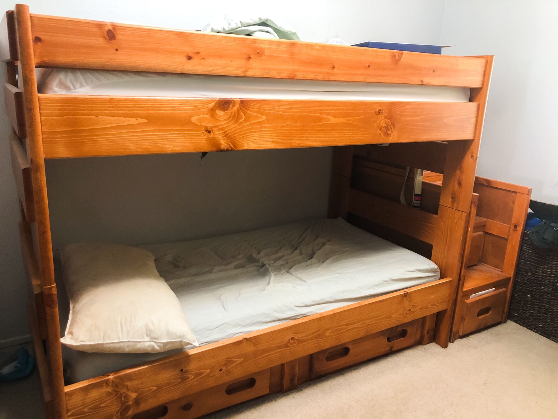Solid Oak Twin Bunk Beds and Stairs/ 2 Twin Beds