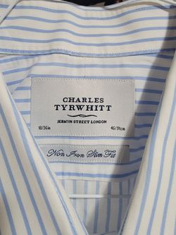 Dress shirts. White,  light blue striped. Size 18/36 in, 46/91 cm