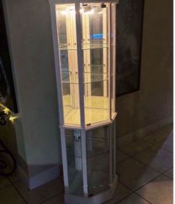 Hexagonal Glass Display Cabinet With Light & Mirrored-Back 70”H
