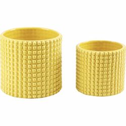 6 Inch Ceramic Round Planter Pot, Set of 2 Vintage-Style Yellow Ceramic Flower Pots, Indoor Textured Cylindrical Succulent Plant Containers