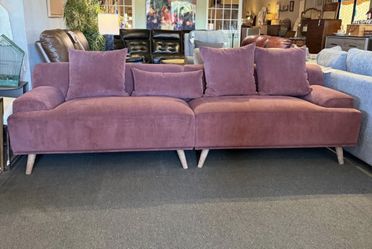 MCM Style Corduroy Upholstered Extra Long Sofa Wine Red Mid Century 