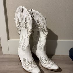 Embroidered Western Boots Chunky Heel Pointed Toe Glitter Shiny Country Style Slip-On Knee-High Boots Cowbgirl Boots For Women