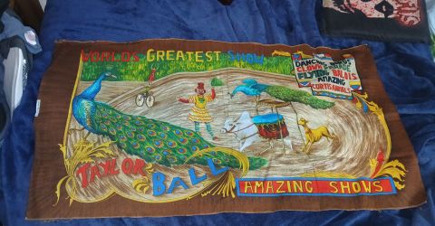 • Vintage 1970s Wesco Reltex Circus Fabric Panel,” “Deadstock Circus Barkcloth,” and “Taylor Ball Circus Banner Art.”