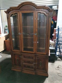 Vintage Wood China Cabinet with Glass Doors