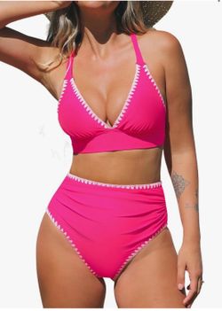 Women's Hot Pink Bikini Set High Waisted  Deep V Neck Crisscross Back Size L