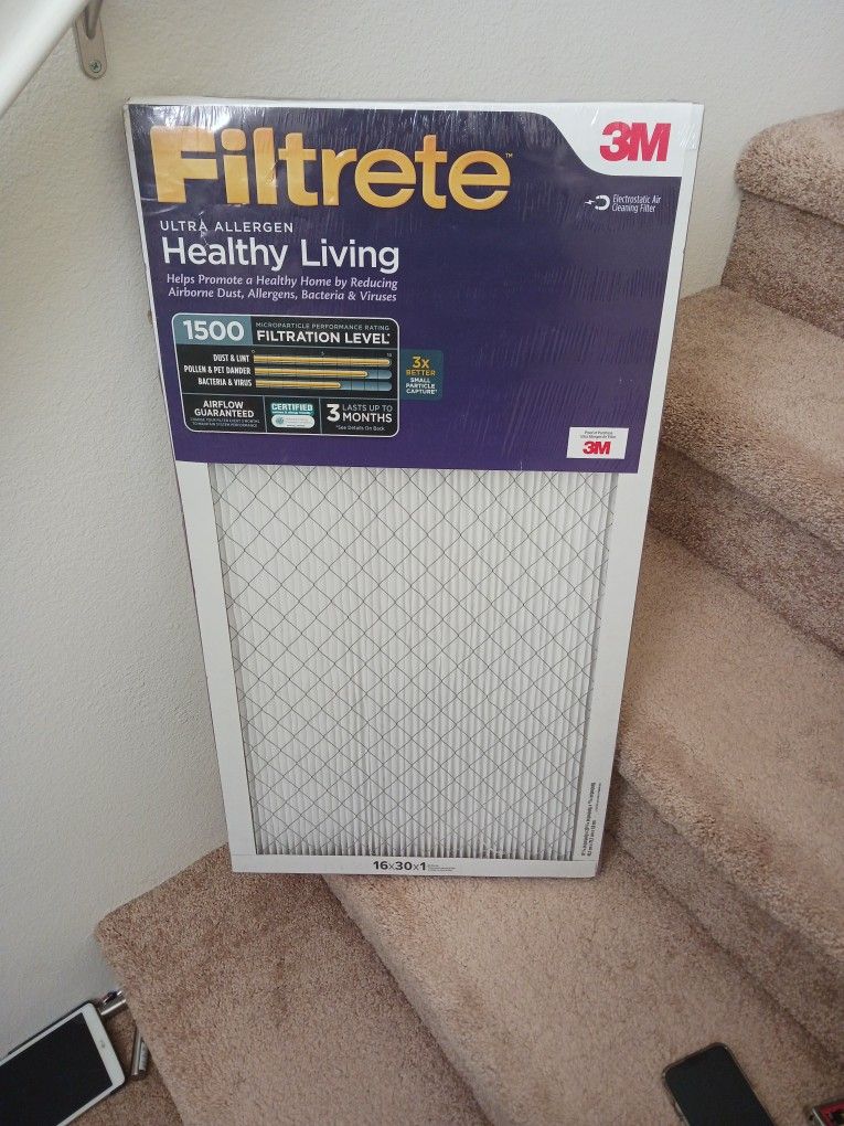 Filtrete 16x30x1, AC Furnace Air Filter, MPR 1500, Healthy Living Ultra Allergen, 2-Pack (exact dimensions 15.81 x 29.81 x 0.78)