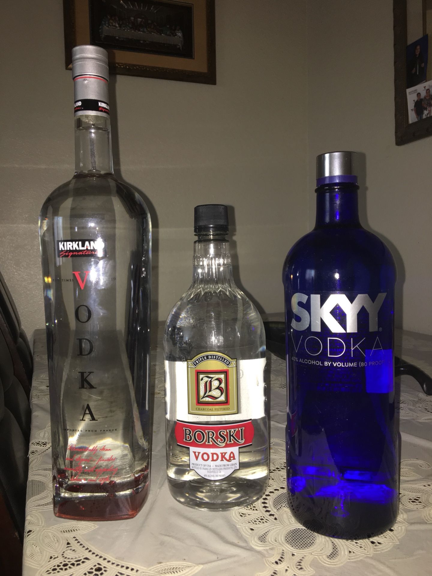 Selling this vodkas KIRLAND, 25$,,, BORSKI 8$ SKYY 20$ all is a big bottles 1.75 L I got 10 bottles of the BORSKY VODKA still available make an offer