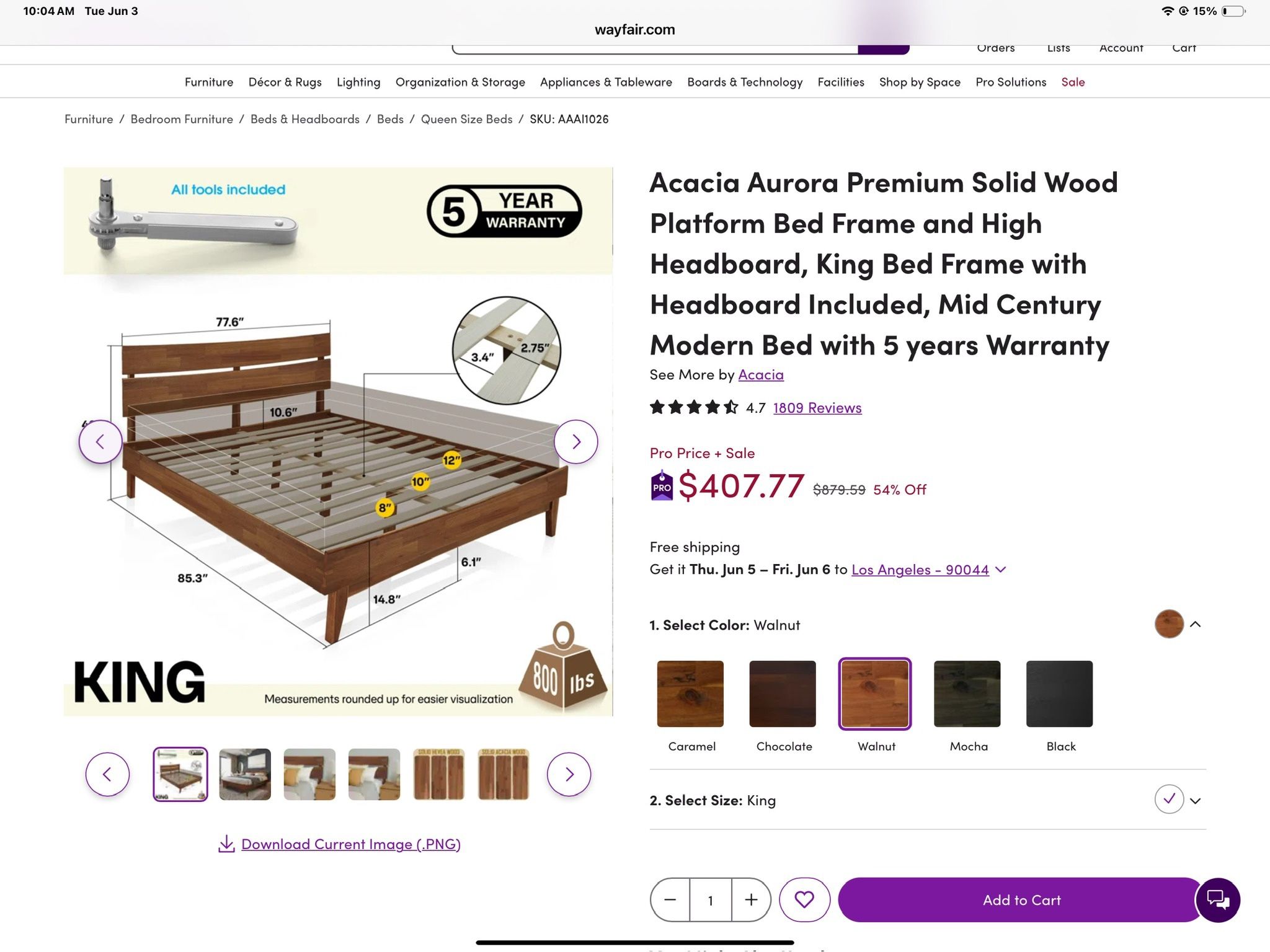 BED FRAME : Solid Wood King Size New