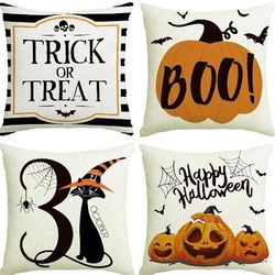 Halloween Decor Pillow Covers 18x18 Inch,Set of 4 Halloween Decoration Indoor Outdoor Throw Pillow Covers, Trick or Treat Black Striped Linen Cushion 