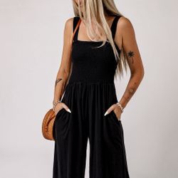 Smocked Square Neck Wide Leg Jumpsuit with Pockets