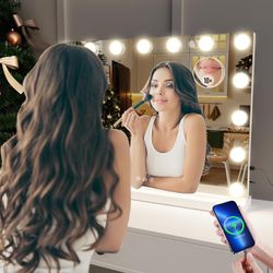 22.8 x 18.2 Vanity Makeup Mirror with Lights, 10X Magnification,Large Hollywood Lighted Vanity Mirror with 15 Dimmable LED Bulbs, USB Charger Port, Ta
