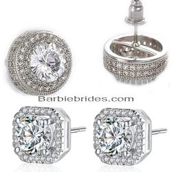 2 Pairs Of Iced Out 14K White Gold Plated Cubic Zirconia Men & Women Stud Earrings 