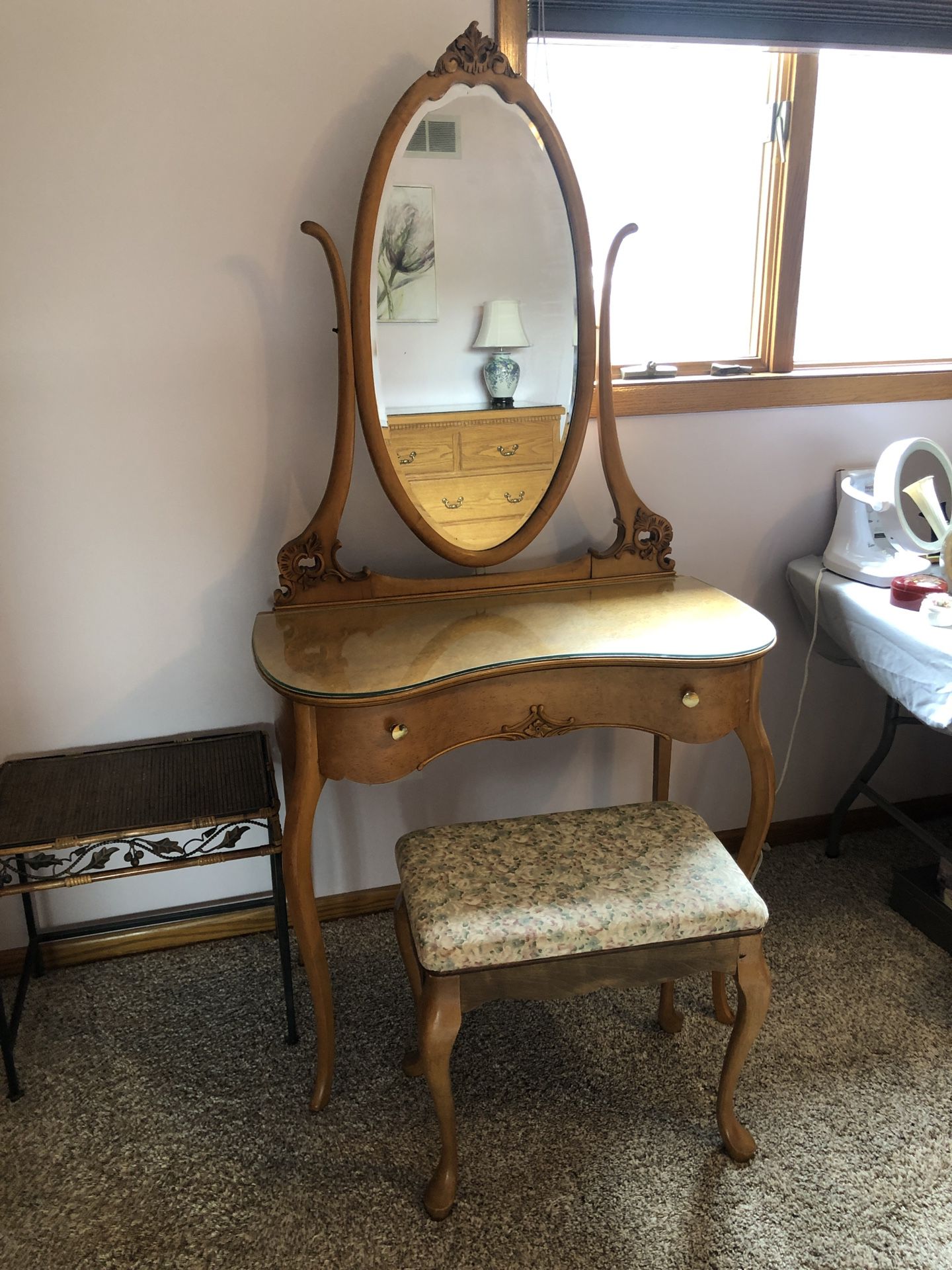 Vintage Dressing Table With Mirror And Stool