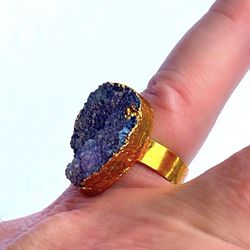 Size 7.25 7.5 7.75 Druzy Amethyst Gem Gemstone Fine Art Ring UNISEX Solid Metal Plated Gold Filled Free Form MEN WOMEN New w/ Box
