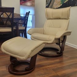 Benchmaster Genuine Leather Swivel Reclining Chair With Matching Ottoman 