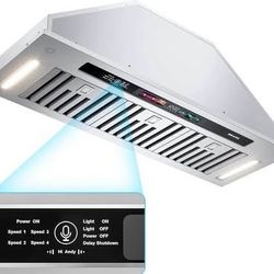 New In Box Brand Range Hood 36 Inch 900 CFM Smart Voice, 4 Speed Exhaust Fun With Charcoal Filter