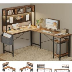 NEW in Box. L-Shaped Computer Desk with Pegboard & Hutch, 66" Corner Home Office Desk, Large Gaming Desk with RGB Lights & Power Outlets, Workstation